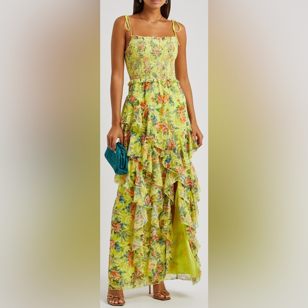 alice + olivia jocelyn ruffle maxi dress in floral express lemon sorbet | size 4